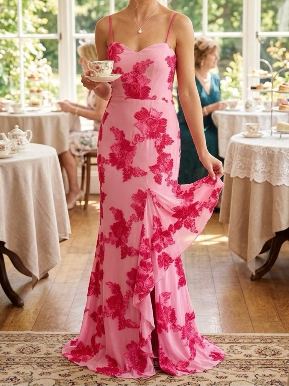 Pink Floral Lace-Overlay Evening Dress